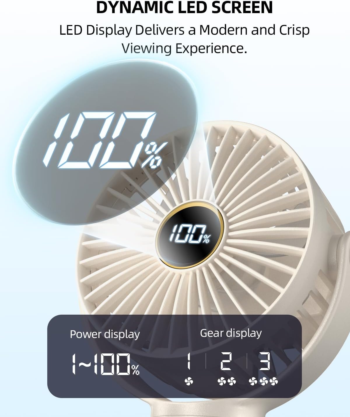 Portable Stroller Mini Fan, Small Rechargeable Personal Fan, Travel Essentials for Baby, Wagon, Car Seat, Treadmill, Battery Powered Biking Gear Accessories, 360° Rotation, 3-Speed, Display, Beige