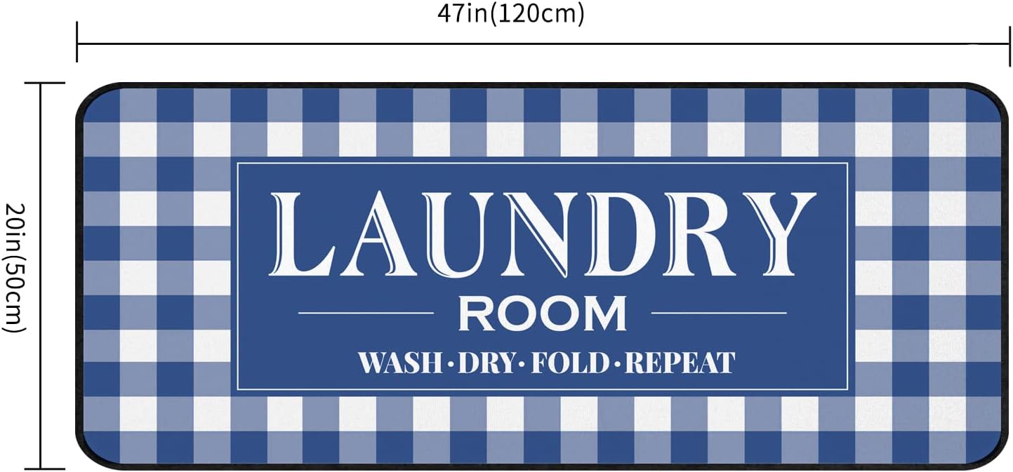 ROMAMIGO Laundry Room Rug Runner Non Slip Laundry Mats Mudroom Laundromat Runner Farmhouse Kitchen Floor Mat Bathroom Laundry Room Decor Accessories(20 X 47 inch, Buffalo Plaid Blue)