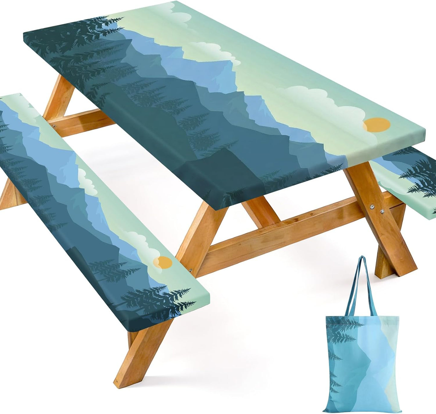 Picnic Table Cover with Bench Covers and Bag, 72in Camping Tablecloth, Waterproof Windproof Elastic Edges Fitted Rectangle Tables RV Gear Campers Must Have（Green）