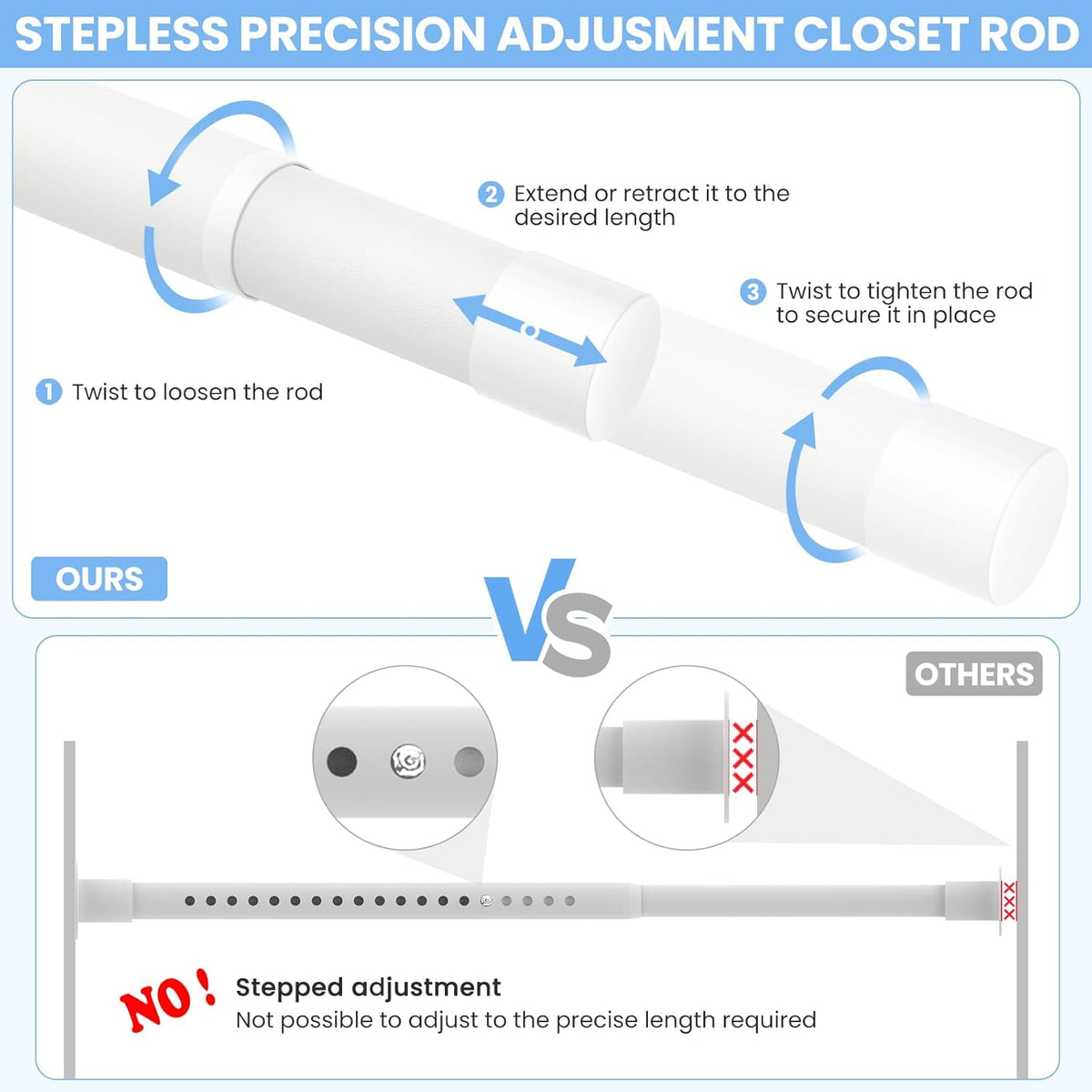 Closet Rod, 17-54in Stepless Adjuatable closet rods for Hanging Clothes