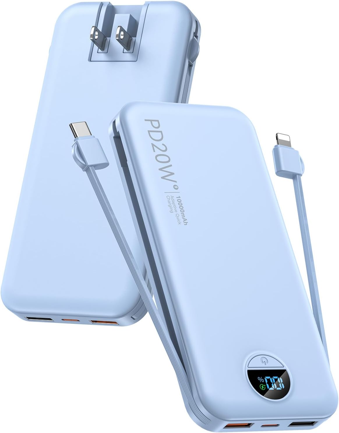 Portable Charger with Built-in Cables and Wall Plug, 10000mAh PD20W USB C Power Bank Fast Charging with LED Display, External Battery Pack Travel Essentials Compatible with iPhone, iPad, Samsung Blue