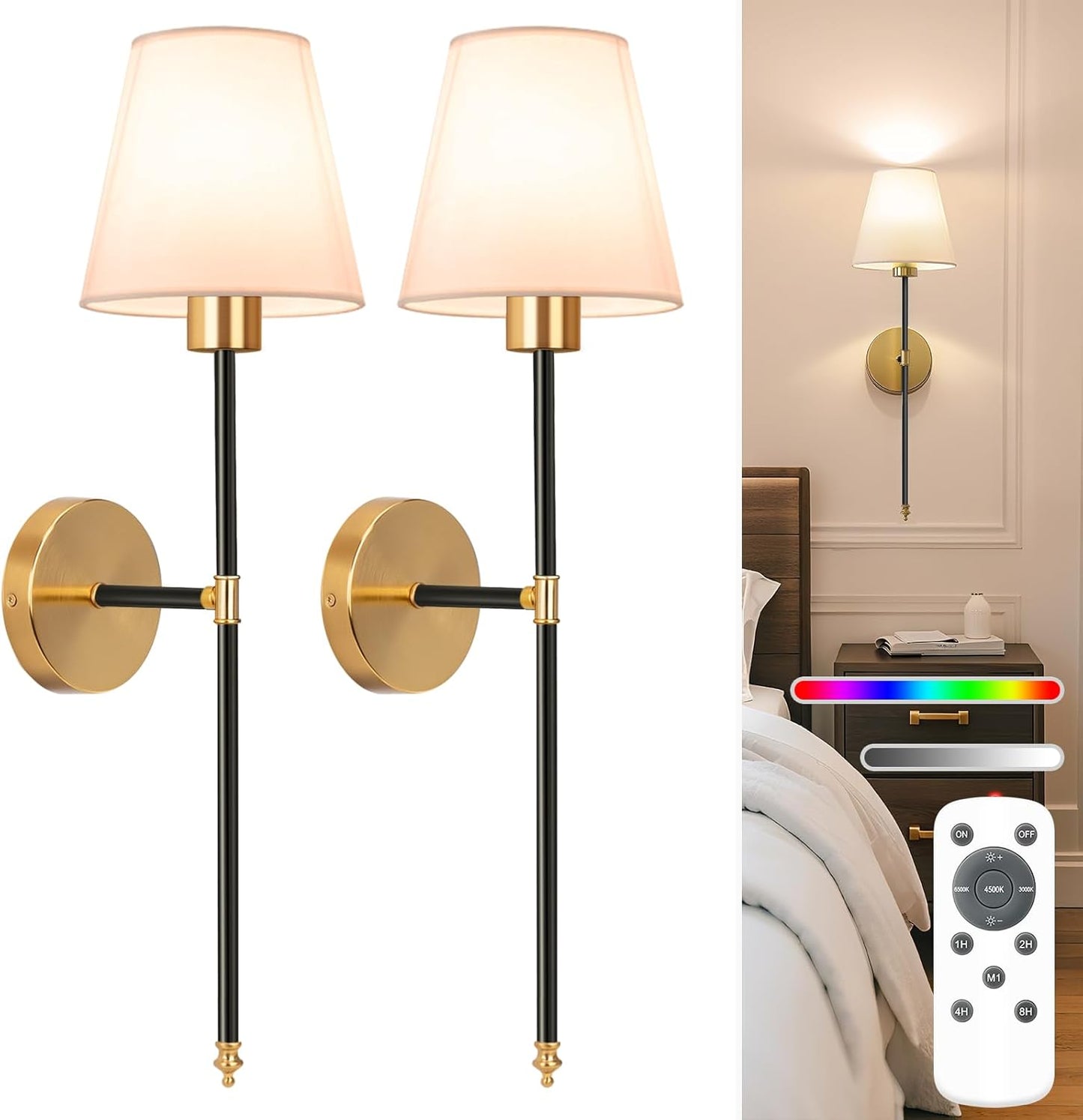 NIORSUN Battery Operated Wall Sconce Set of 2,Black-Gold Rechargeable Wall Lights with 10400mAh Dimmable Bulbs and Remote,10 Colors Wireless Wall Lamps for Bedroom Living Room Hallway Decor
