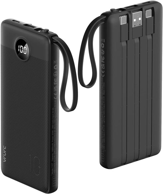 VRURC Portable Charger, 22.5W Fast Charging Power Bank Built‑in 4 Cables, 10000mAh Slim Lightweight Travel Battery Pack for iPhone, Samsung & Multi Devices, Pocket‑Friendly with Lanyard(1 Pack)