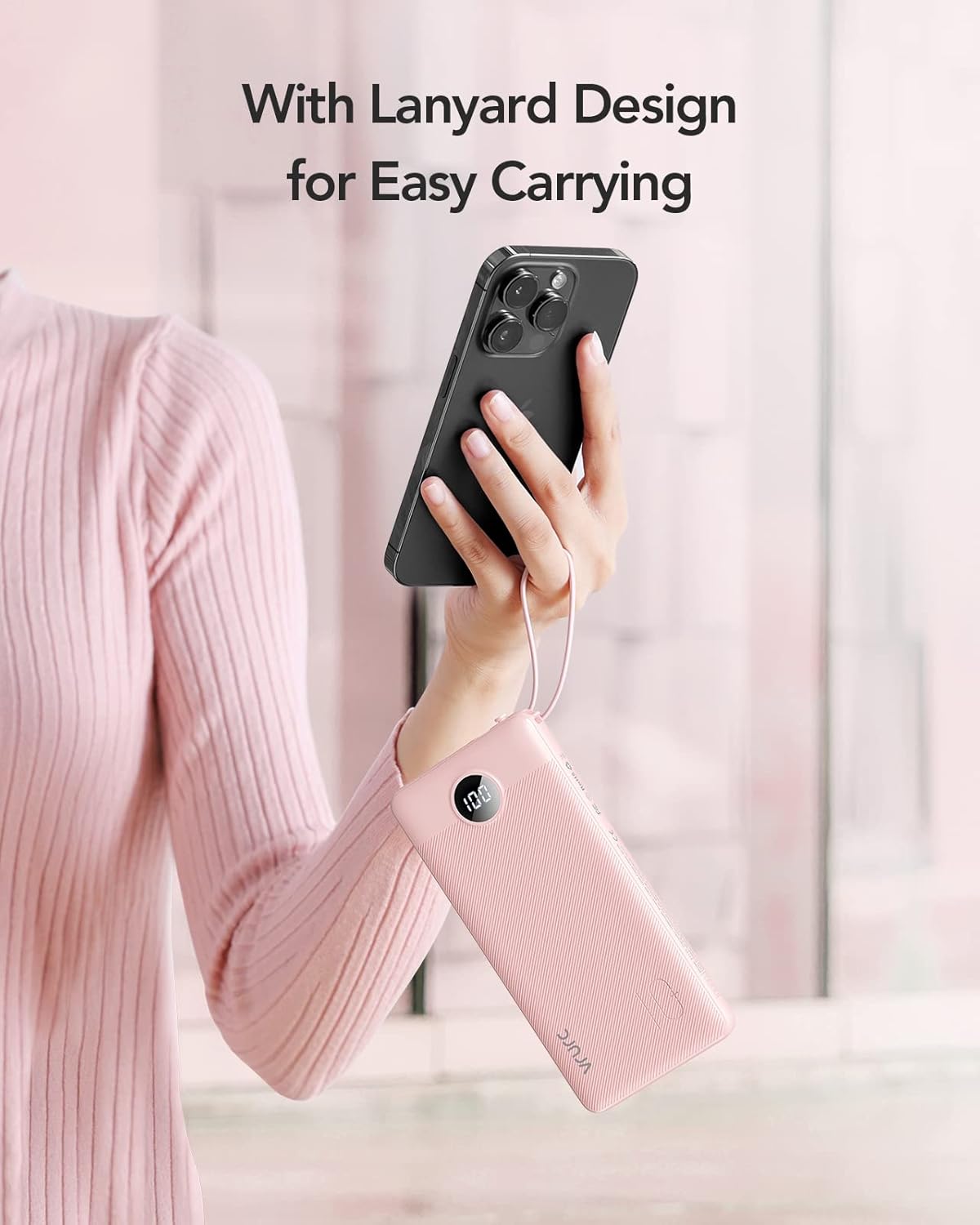 VRURC Portable Charger Power Bank, Built-in 4 Cables & 2 Ports,10000mAh Slim Battery Pack with LED Display, Travel Essential USB C Portable Phone Charger for All Cell Phones Devices-Pink(1 Pack)