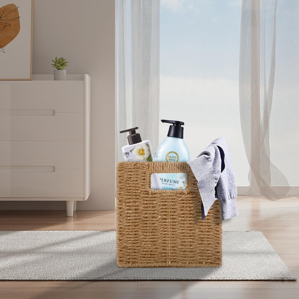 6 Pack 8.7 Inch Wicker Baskets, Hand Paper Rope Storage Baskets | Foldable Cube Storage Bins Organizer Square Wicker Cubes for Shelves Pantry Organizing & Decor