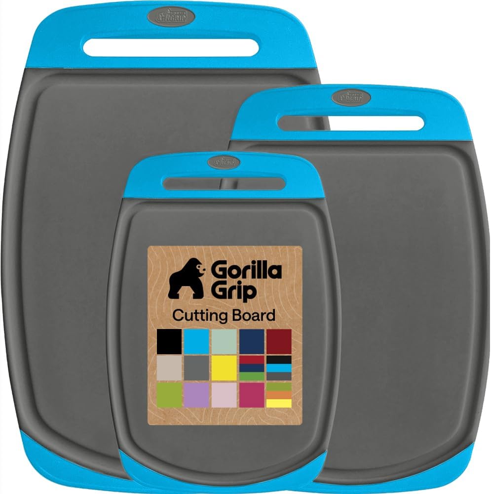 GORILLA GRIP BPA-Free Reversible Kitchen Cutting Board Set of 3, US Designed, Nonporous, Juice Grooves Catch Liquid, Slip Resistant Border, Dishwasher Safe, Durable Food Chopping Boards, Gray Aqua