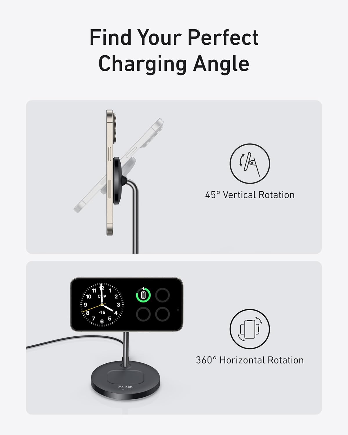 Anker MagSafe Compatible MagGo Charger Stand, iPhone 17 Wireless Charger, 2-in-1 Charging Station, Qi2 Certified 15W Fast Charging, for iPhone 17/16/15/14/13/12, AirPods Pro (Black, No Adapter)