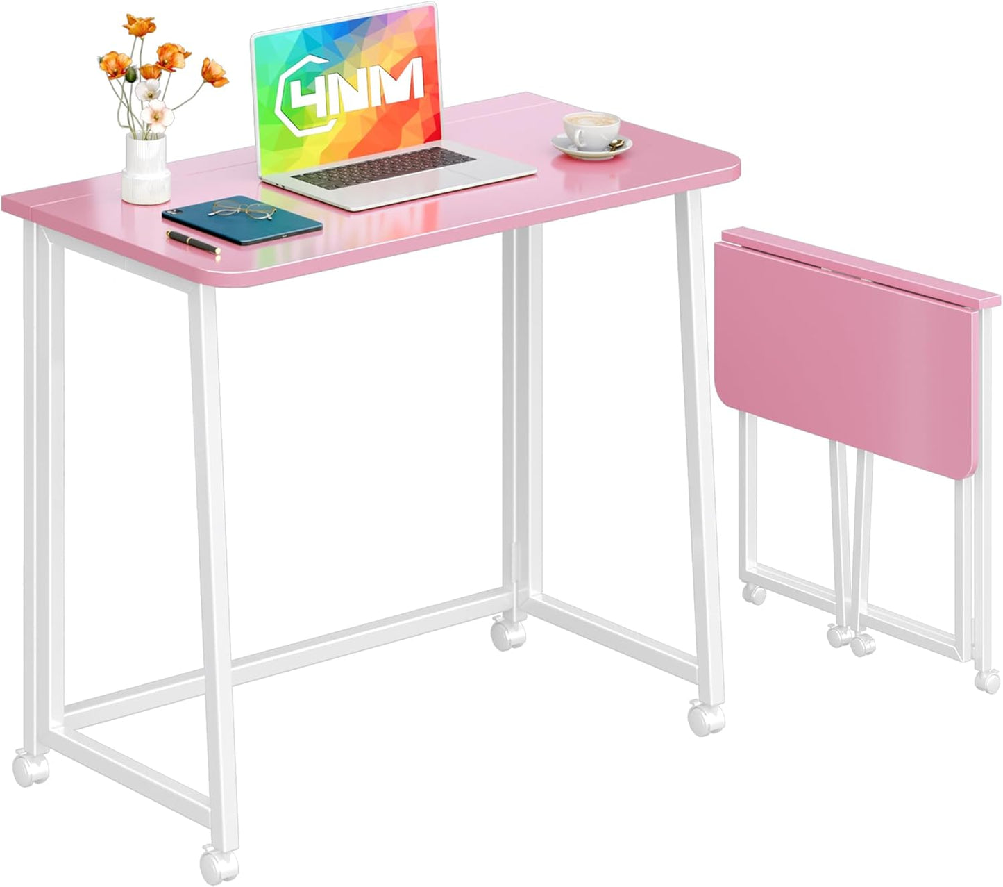 4NM 23.6" Mobile Small Folding Desk, Foldable Rolling Computer Home Office Desk, Study Writing Table for Small Space Saving Bedroom, with Wheels - Brown and Gold