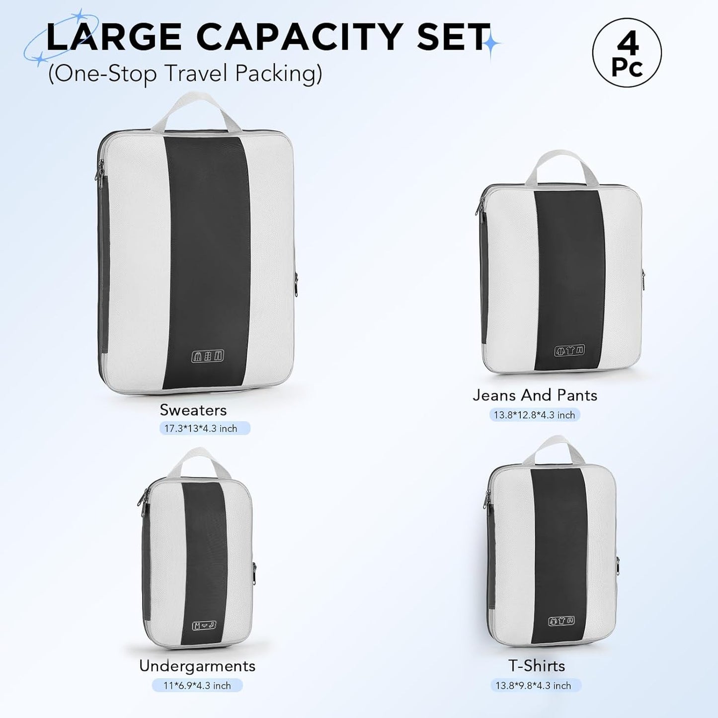 4 Set Compression Packing Cubes for Travel Essentials,Compressible Expandable Packing Cubes for Suitcase,OlarHike Luggage Garment Bags for Travel,Handy Helper for Organizing Clothes(Black)