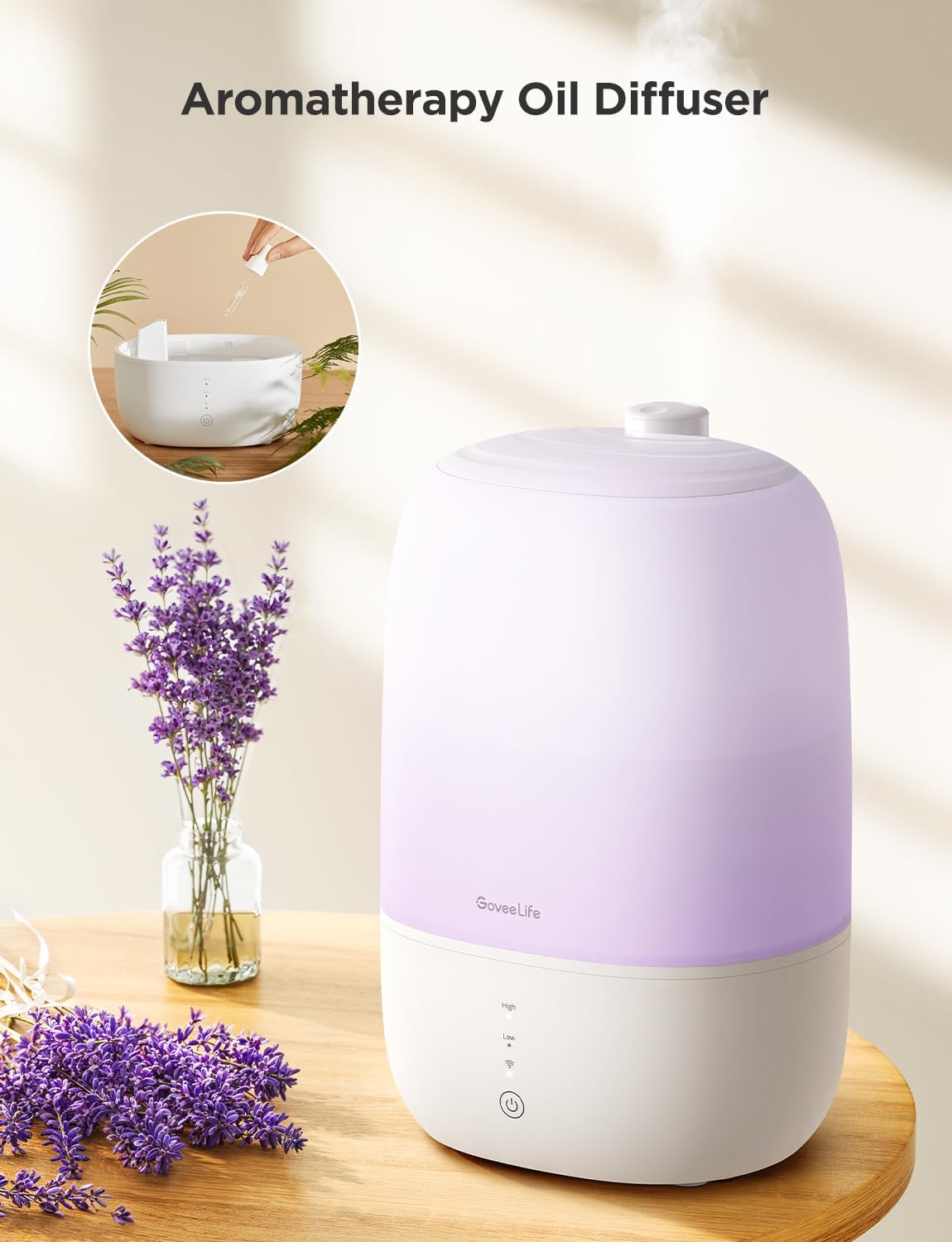 GoveeLife Smart Humidifiers for Bedroom, 3L Top Fill Cool Mist Humidifier, 24dB Quiet Runtime, Humidity Control, WiFi Air Humidifier with Night Light, for Baby, Plants, Home, Work with Alexa