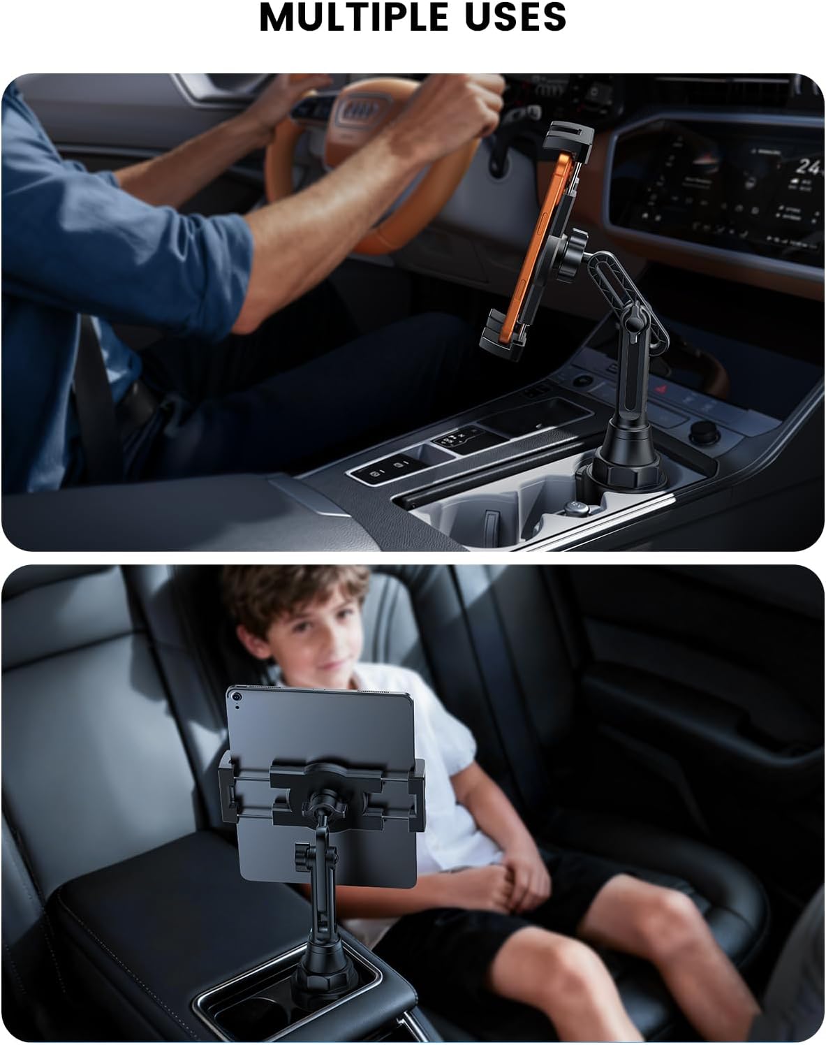 Lamicall Car Cup Tablet Holder - [15" Height Adjustable][ Fast Setup] Cup Holder Phone Holders, Multi Angle Car Mounts as Gifts for 5.2-13" iPad Pro 2025, Air, Mini, iPhone 17e, Car Accessories