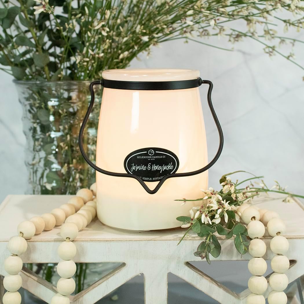 Milkhouse Jasmine & Honeysuckle Soy Candle, 22 oz Butter Jar, 120+ Hr Burn