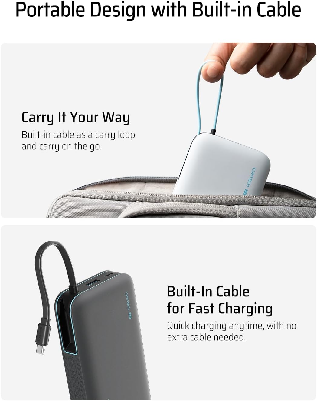 CUKTECH 45W Power Bank 20000mAh, Portable Travel Charger Built-in USB C Cable, Fast Charging Battery Pack for iPhone 16/15/14/13, iPad, Samsung Galaxy, Google Pixel, Android and More (Gray)