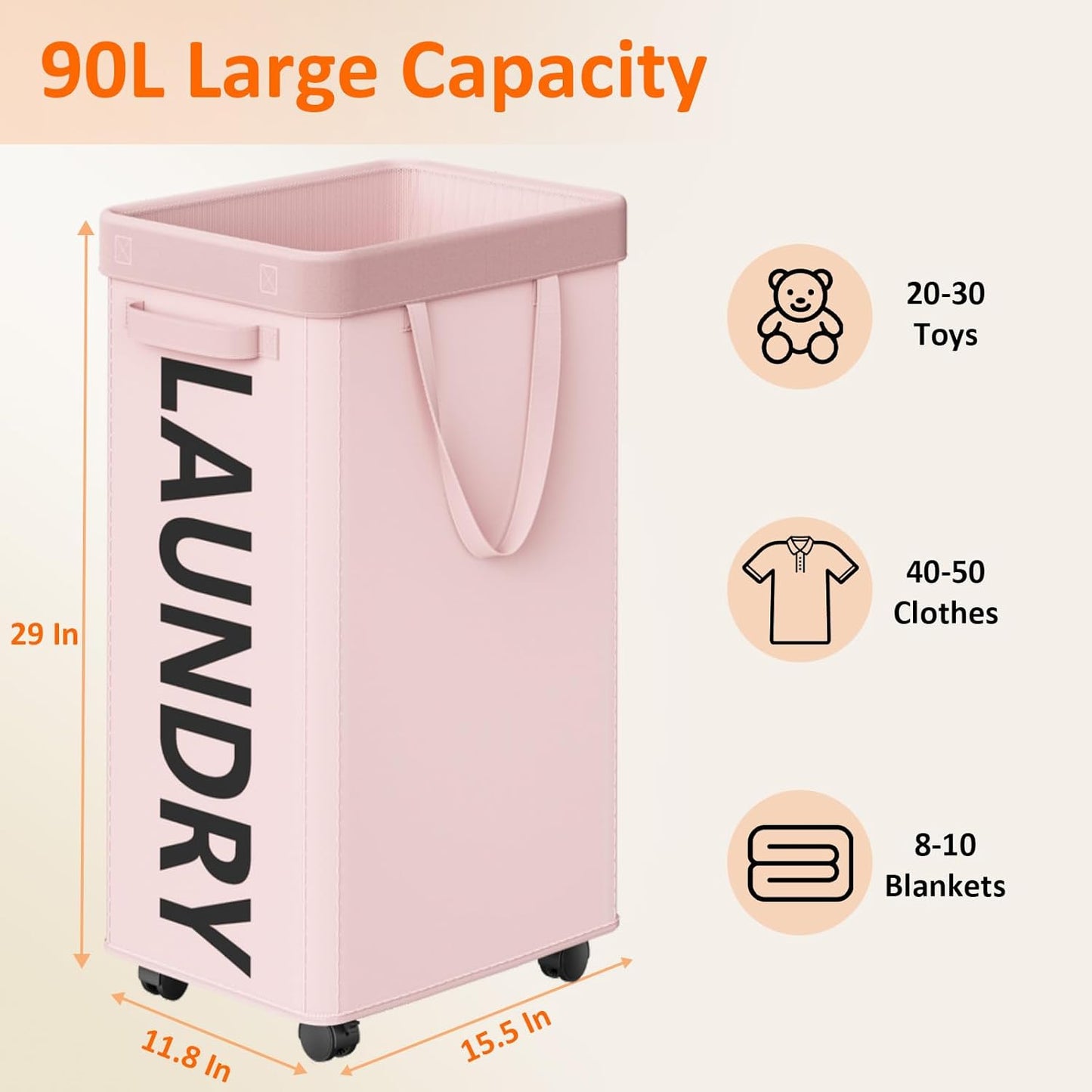 Optish Pink Laundry Basket with Wheels, Dorm Room Essentials Girl, 90L Rolling Laundry Hamper with Wheels, Large Clothes Hamper on Wheel with Removable Mesh Bag for Bedroom, Dorm