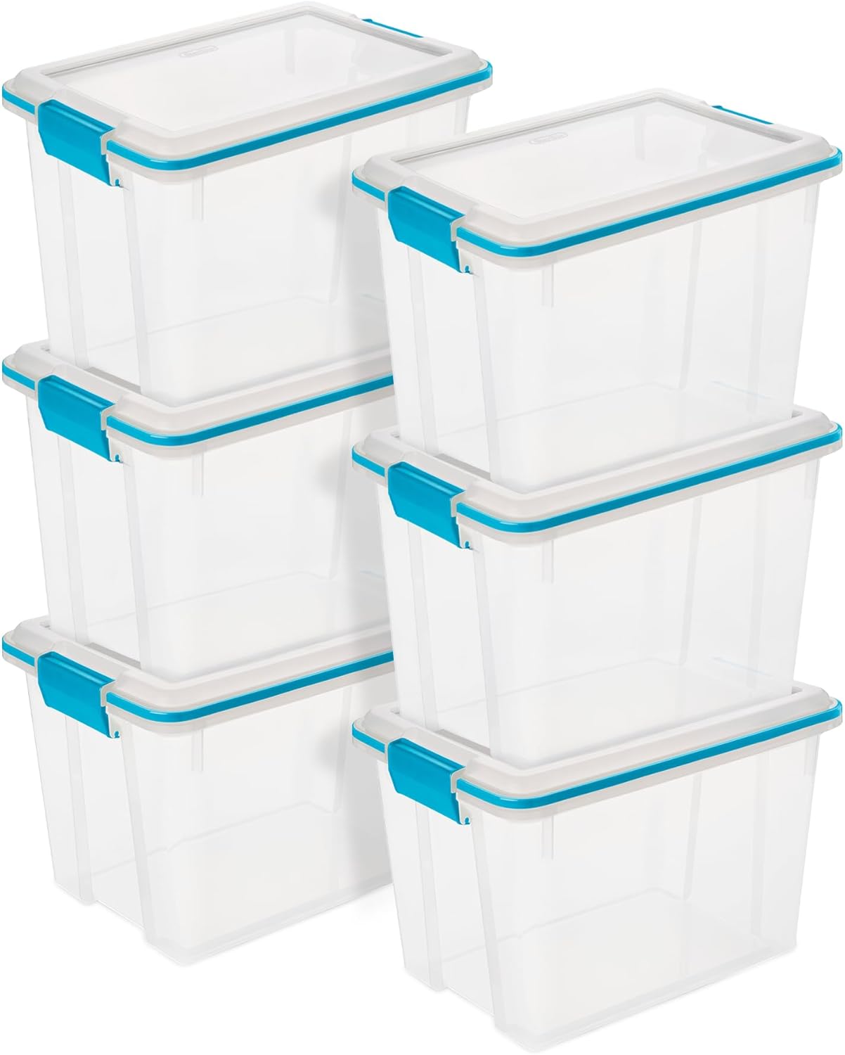 Sterilite Gasket Storage Box with Lids for Home & Office, 20 Quart, 6-Pack. | Heavy-Duty, Stackable, and Organizing Containers for Bathroom, Cabinet, Closet, and Garage, Clear and Blue Aquarium Latches