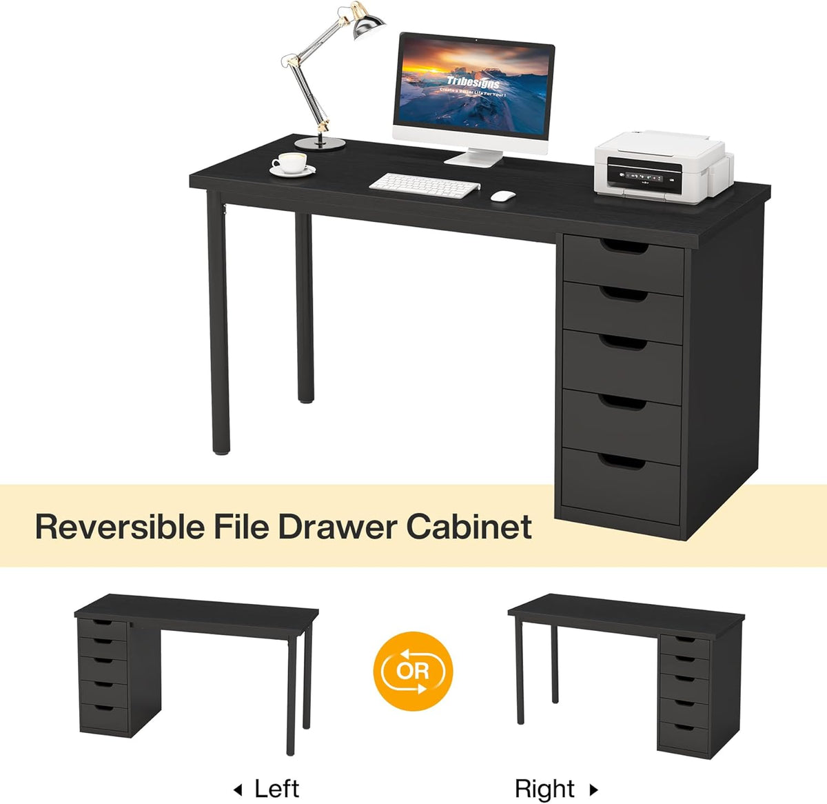 Tribesigns Computer Desk with 5 Drawers, 47 inches Rustic Brown Home Office Desk with Storage, Modern Simple Laptop Desk Study Writing Table for Small Spaces (1, Black)