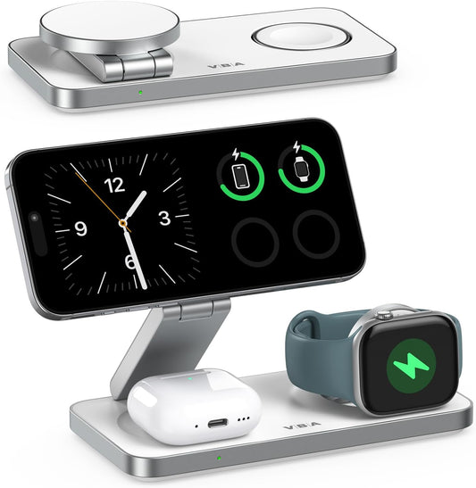 VBA 3 in 1 Wireless Charging Station for Apple MagSafe Charger,Foldable Fast Charging Magnetic Wireless Charger Stand,Travel Charger for iPhone 17 Air 16 15 14 13 12,Apple Watch,AirPods Pro(White)