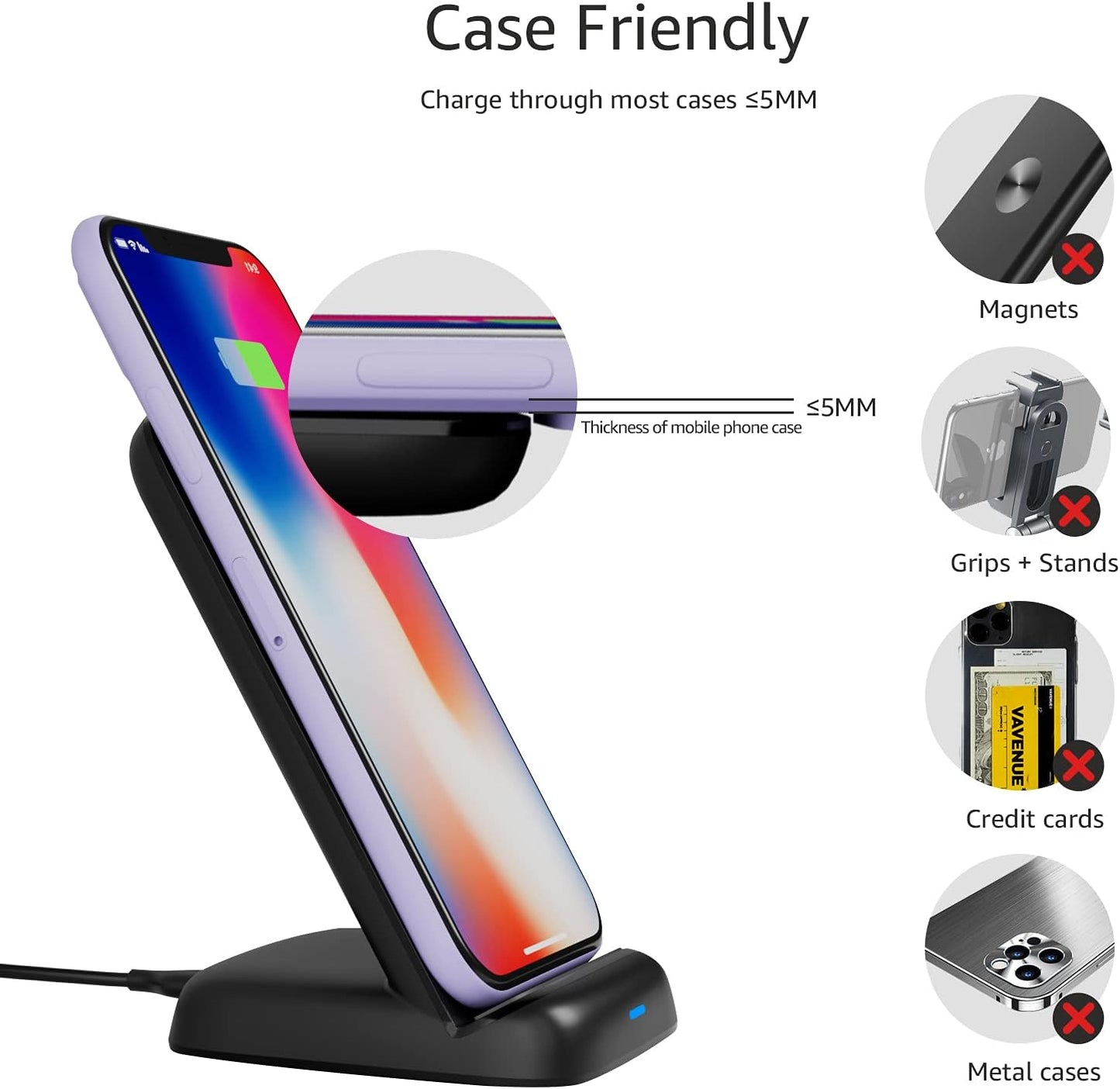 Amazon Basics Wireless Phone Charger Stand, 10W Qi Certified with USB Cable, Compatible with iPhone 16/15/14/13/12/11/X, Samsung & More, with USB Cable, Black (No AC Adapter)
