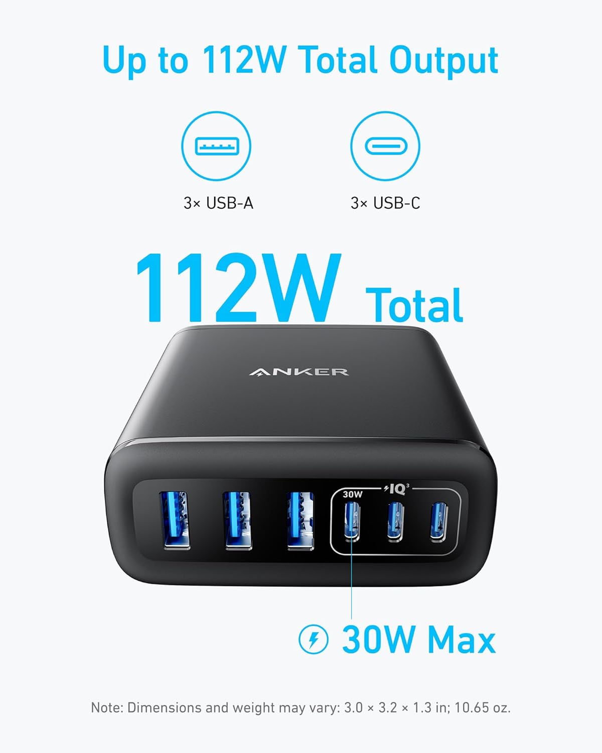 Anker Desktop Charger, Fast Charging USB C Charger with 112W Max 6-Port Desk Accessories for Home Office, Campatible with Multiple Devices, iPhone, iPad, MacBook, Galaxy and More (Cable Not Included)