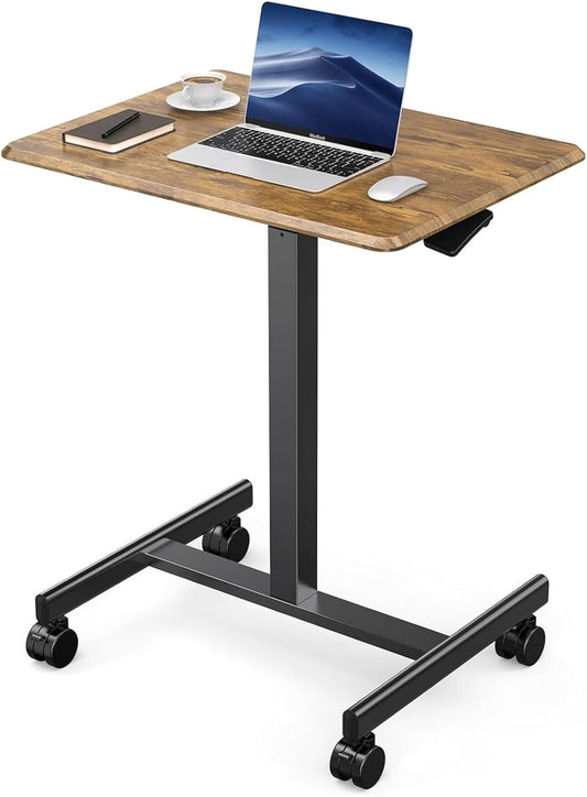 DUMOS Small Standing Desk Mobile Portable Rolling Laptop PC Table on Wheels Adjustable Height Computer Workstation for Home Office, 19 Inch, Modern Brown