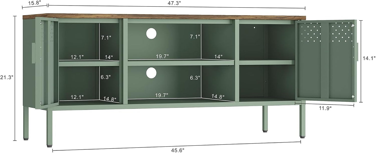 Manhattan Comfort Landen 47" Modern Metal TV Stand with Storage Cabinets & Open Shelves, Holds Up to 40" Screen, TV Console with Natural Wood Top, Cable Management, Adjustable Legs, Green
