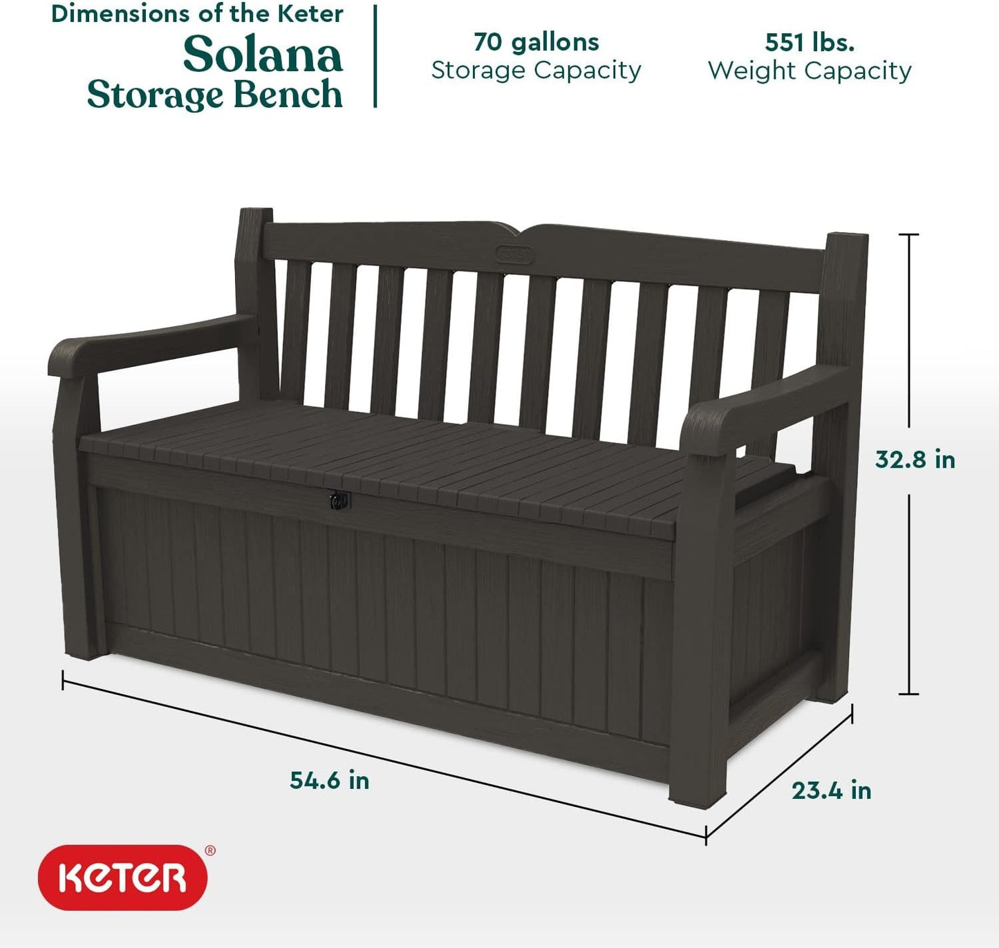 Keter Solana 70 Gallon Storage Bench Deck Box for Patio Furniture, Front Porch Decor and Outdoor Seating – Perfect to Store Garden Tools and Pool Toys, Brown/Brown