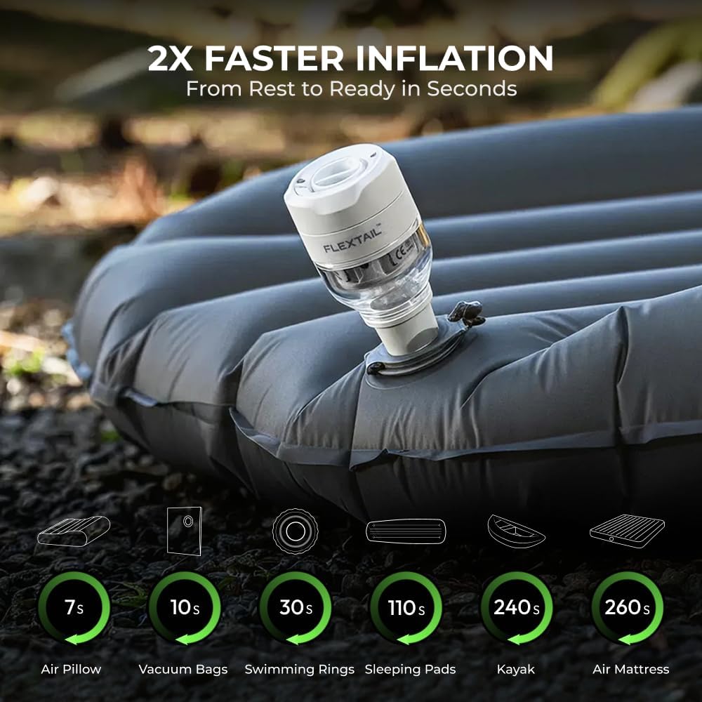 FLEXTAILGEAR Tiny Pump 3X Portable Air Pump for Inflatables, Advanced Low Noise Design, Air Mattress Pump with 5-Mode Light, Electric Air Pump for Camping Gear Pool Floats Sleeping Pads