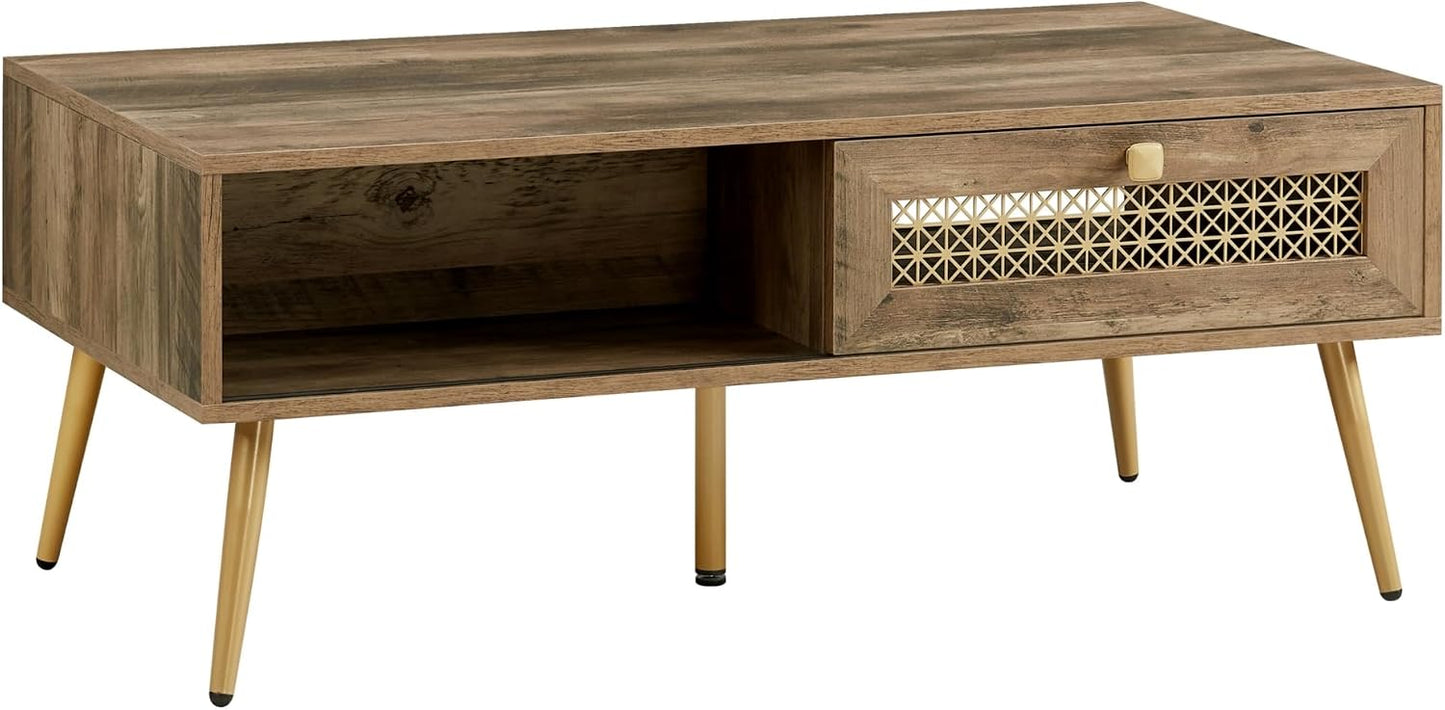 Mid Century Modern Wood Coffee Table, Retangle Coffee Table with Sliding Door for Living Room, Rustic Oak