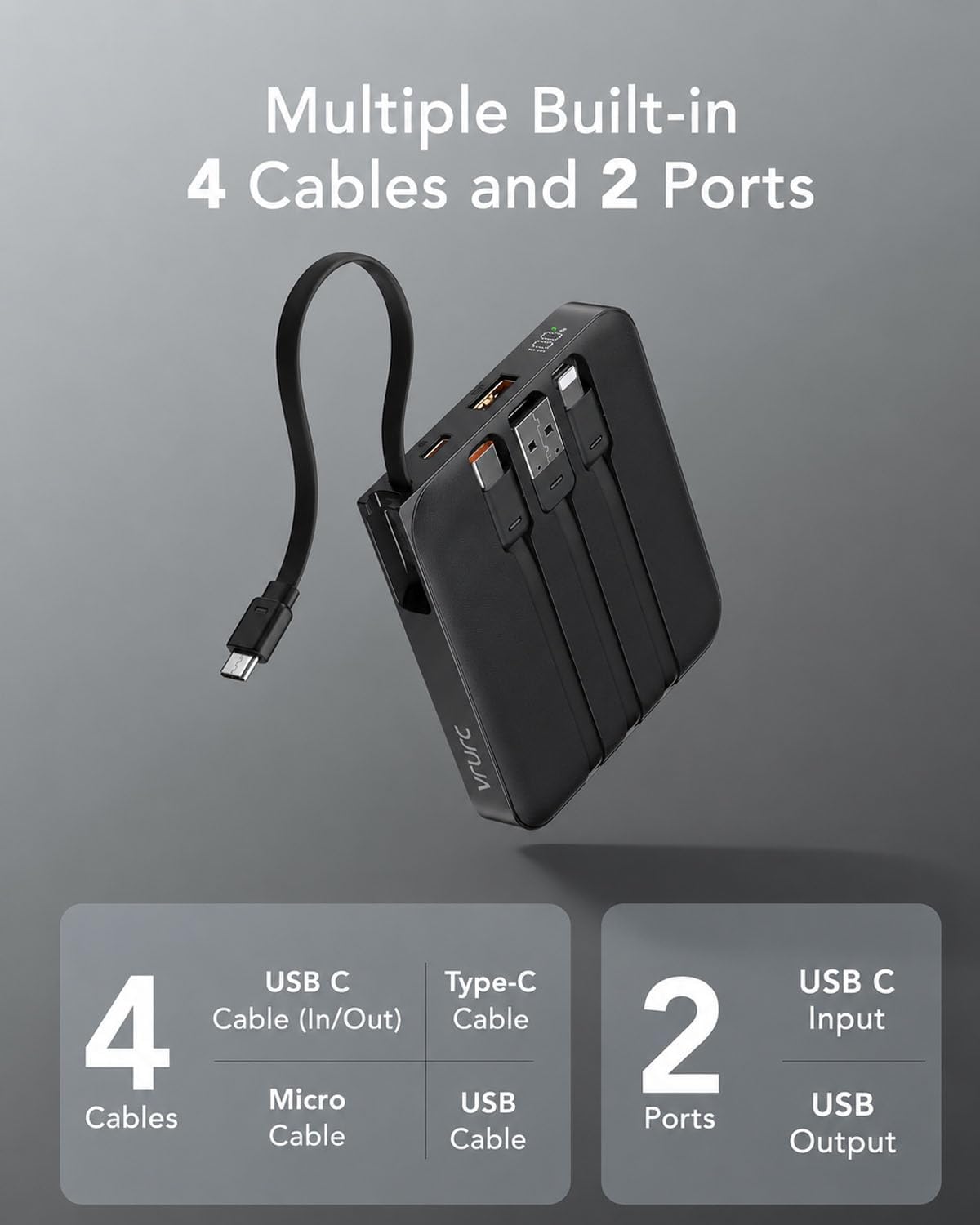 VRURC Portable Charger with Built-in Cables, 10000mAh 22.5W Fast Charging USB C Power Bank with LED Digital Display, Slim Battery Pack for iPhone 17/16/15 & Samsung Galaxy & Android Phones (Black)