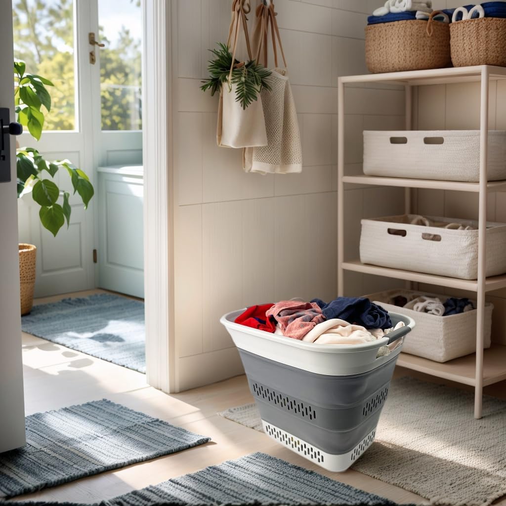SAMMART 40L (10.5 Gallon) Collapsible Plastic Laundry Basket - Foldable Pop Up Storage Container/Organizer - Portable Laundry Hamper - Space Saving (1, Grey/Steel Grey)