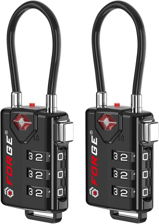 TSA Approved Cable Luggage Locks, Re-settable Combination with Alloy Body, Black 2 Locks.