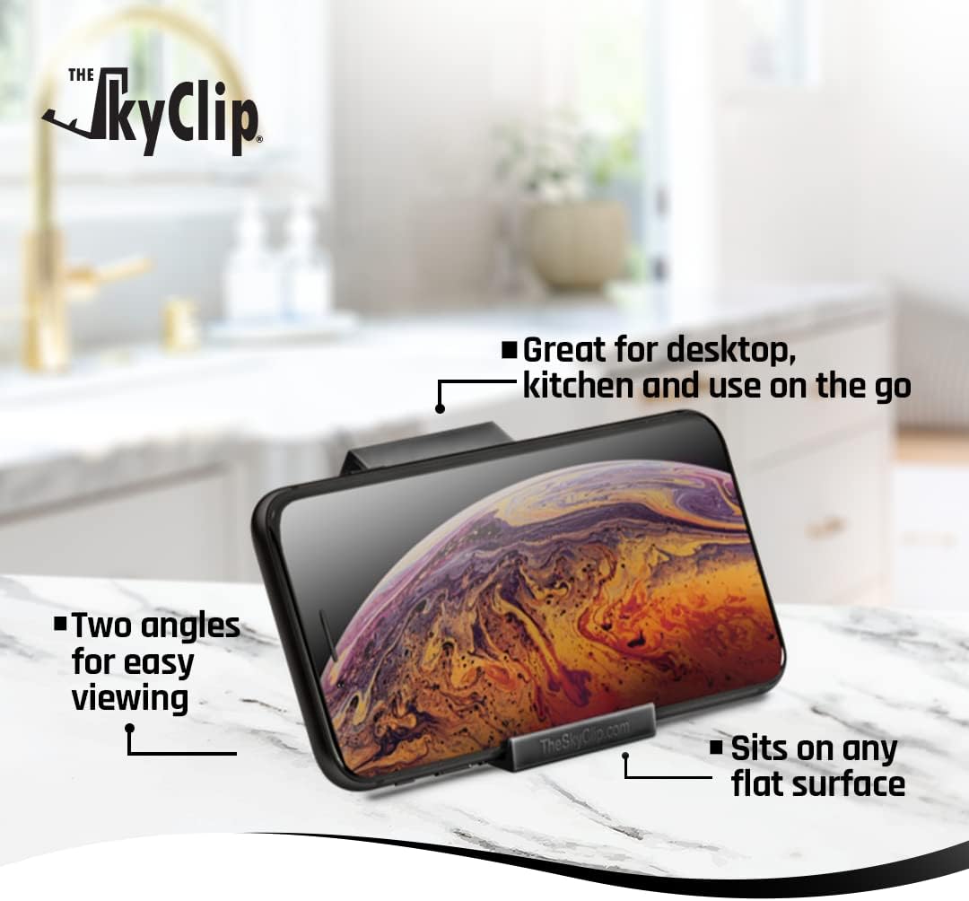 The SkyClip Airplane Cell Phone Back of Seat Inflight Tray Table Clip and Sturdy Phone Stand, Compatible with iPhone, Android, Tablets, and Readers, Travel Must Have (Black 2 Pack)