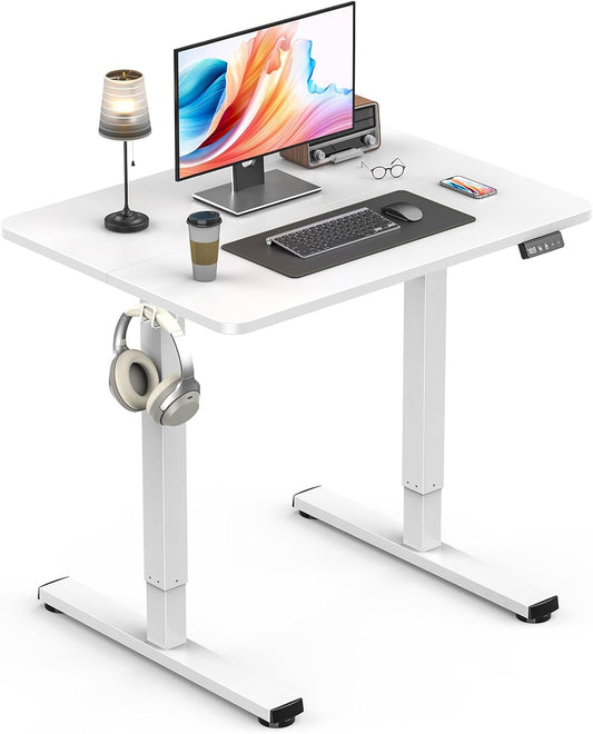 Standing Desk, Height Adjustable Electric Stand up Desk, 31.5 x 24 Inches Sit Stand Home Office Desk with Splice Board, White Frame/White Top