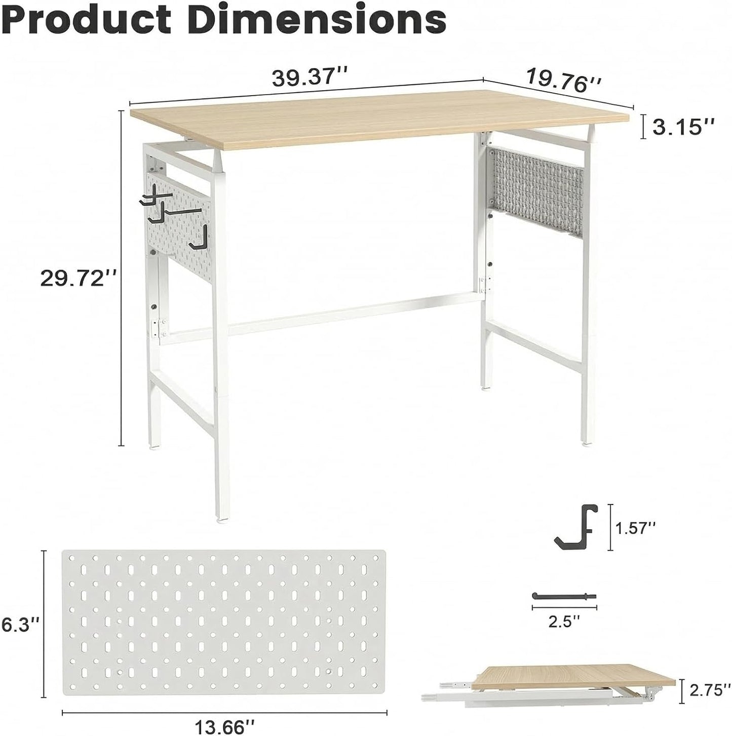 Hadulcet Folding Desk 40" Foldable Desk with Removable Pegboards | Easy Assembly Home Office Desk for Small Spaces, Study, and Apartment Living, Oak