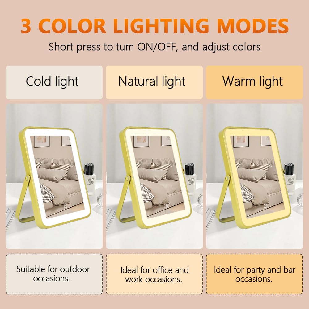 YEKKOPT Gold Rechargeable Makeup Mirror with Lights, LED Vanity Mirror, 3 Color Modes, Portable Desktop Mirror, Adjustable Brightness, Ideal for Dorm and Home Use