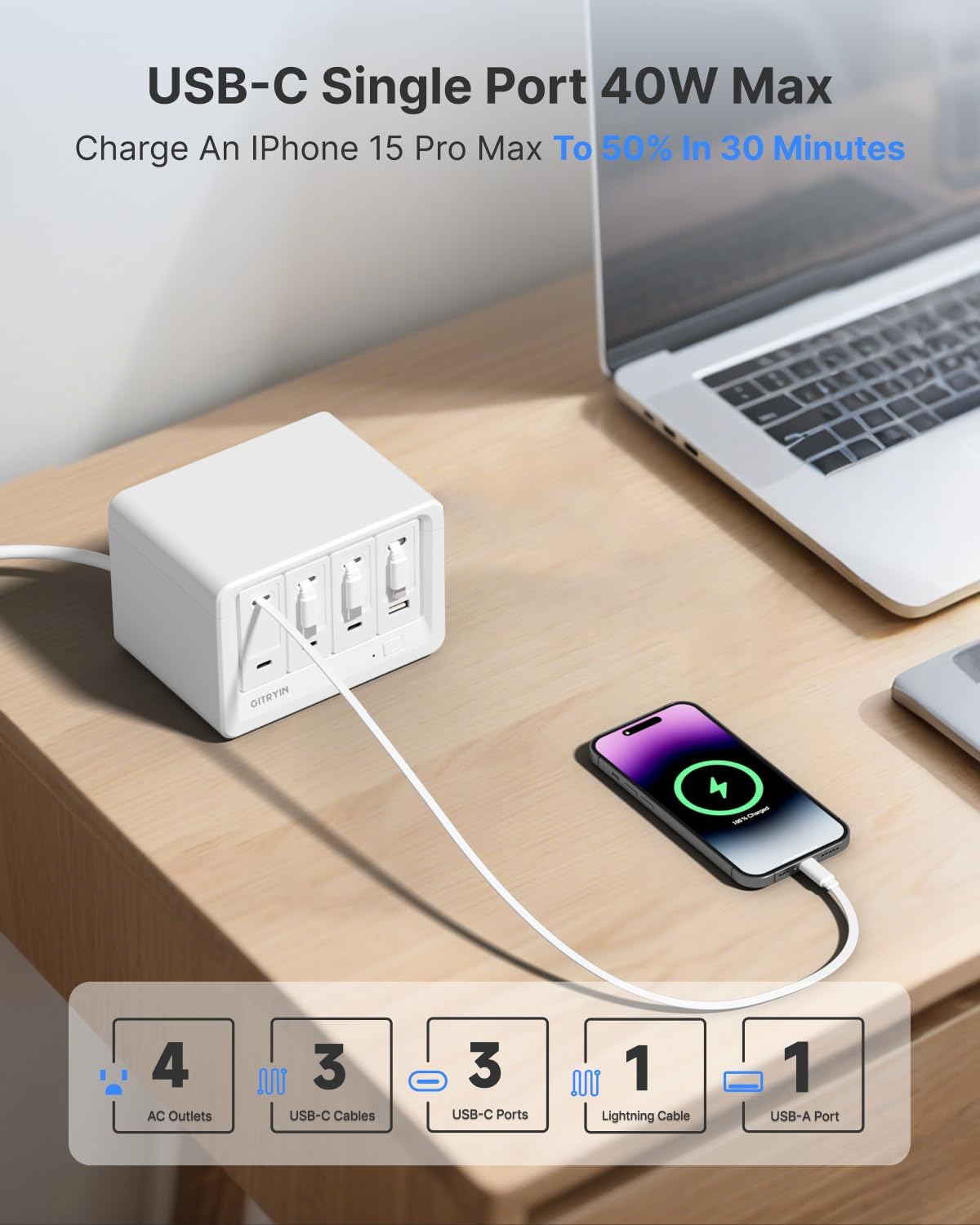 Gitryin 12-in-1 Desktop Charging Station with 3 Retractable Type-C Chargers and 1 Lightning Charger, 160W USB-C Charging Hub with 33.5in Cable, 4 AC, 1 USB A Port, 3 USB C Ports, White