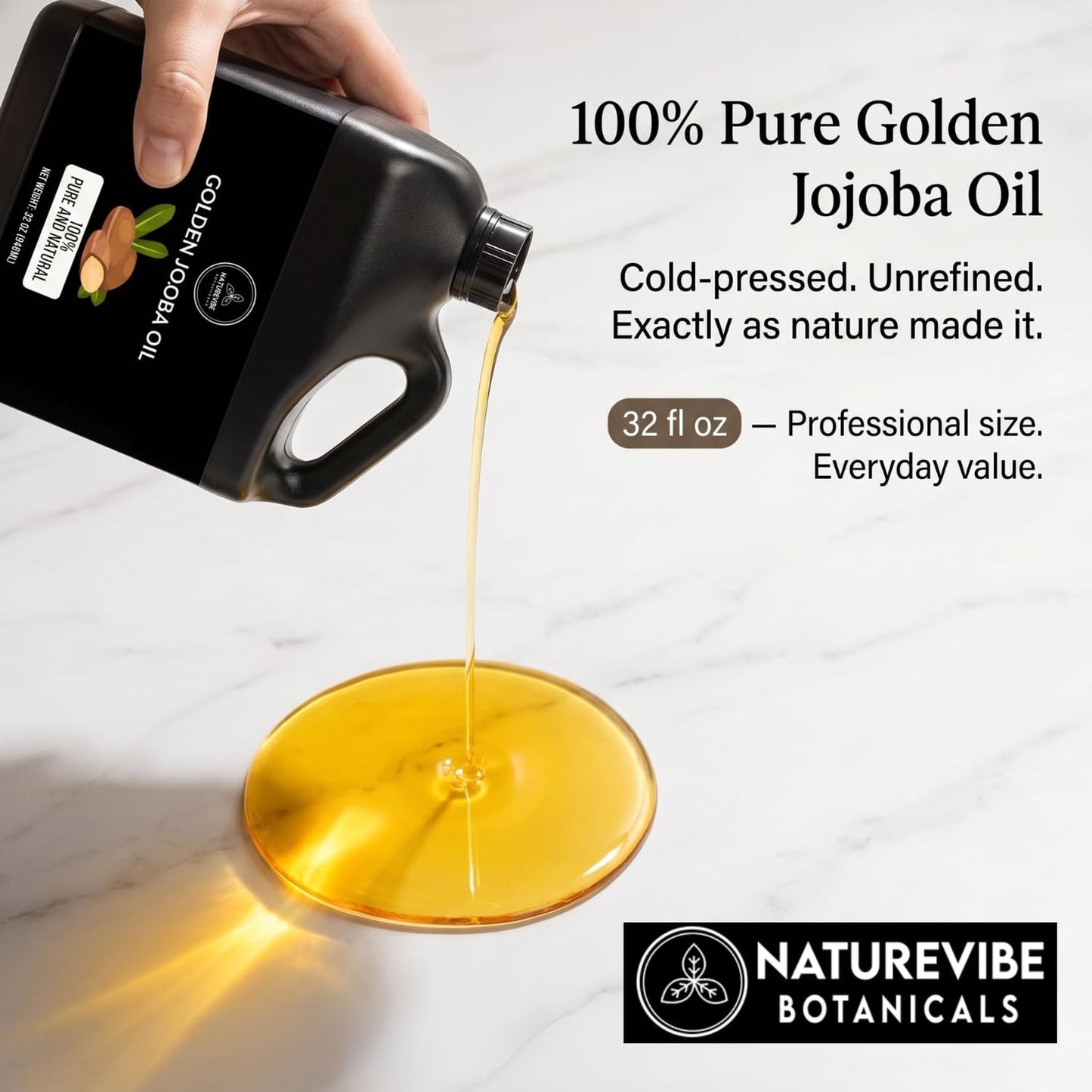 Naturevibe Botanicals Golden Jojoba Oil 32 oz – 100% Pure, Cold-Pressed Moisturizer for Skin & Hair | Antioxidant-Rich, Non-Greasy, Carrier Oil & Daily Hydration