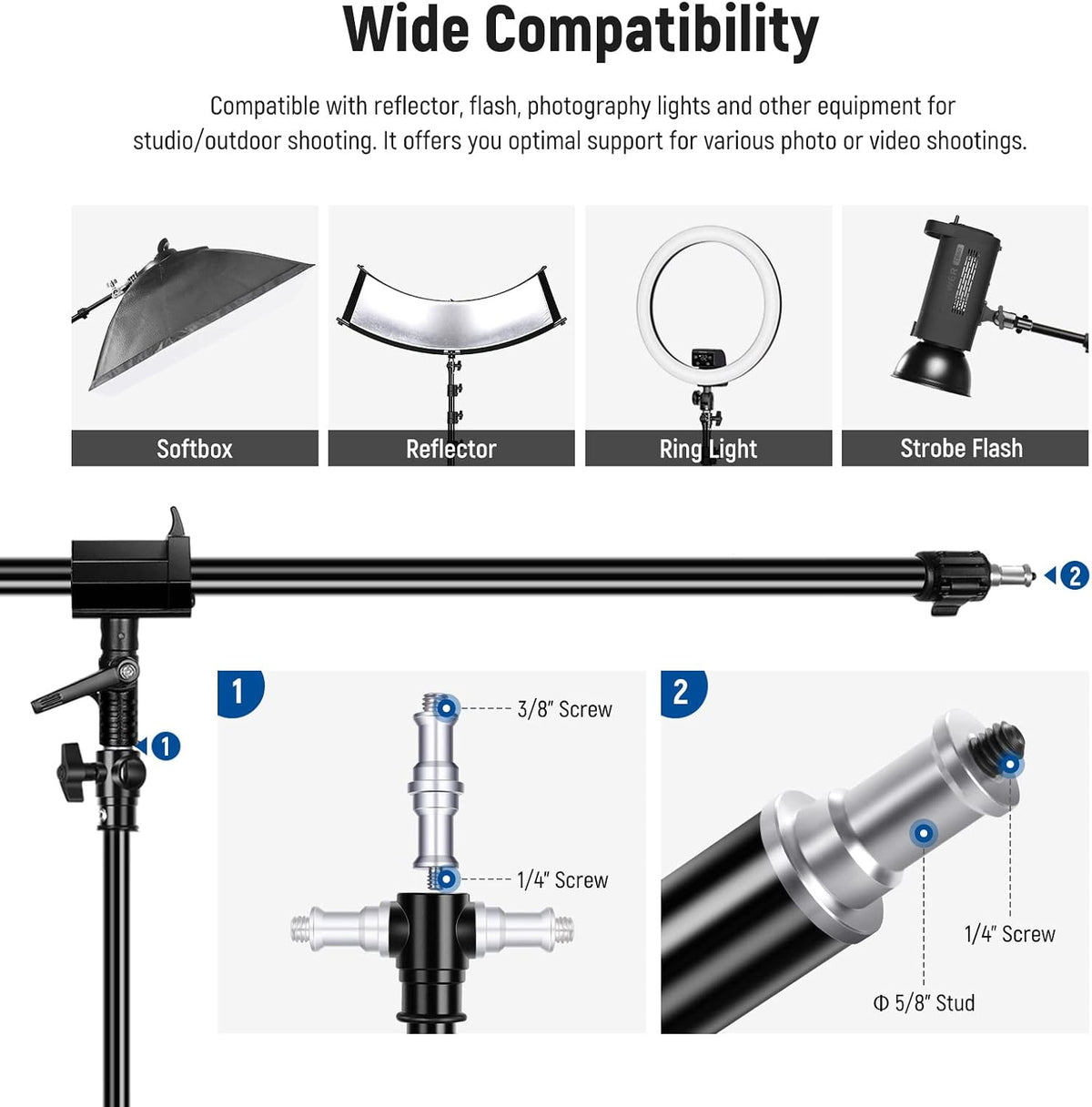 NEEWER Air Cushioned Aluminum Light Stand, 9.8ft/3m Adjustable Photography Stand with Boom Arm, Counterweight, Sandbag, 1/4" Screw for Softbox, Studio Flash, Umbrella, Ring Light, Max Load 5kg