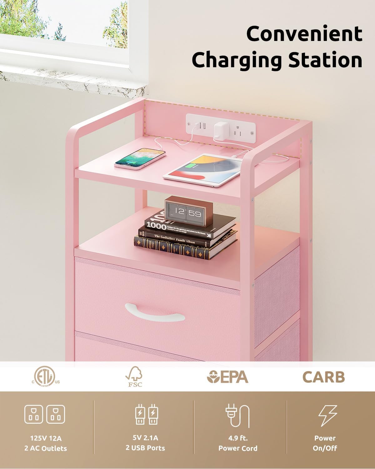 Lazzanto Night Stand Bedside Charger Bedroom - Nightstand with Charging Station & LED Light Strip, Night Stand with Storage Shelf & 2 Fabric Drawers, Morden End Table with USB Ports&AC Outlets,Pink
