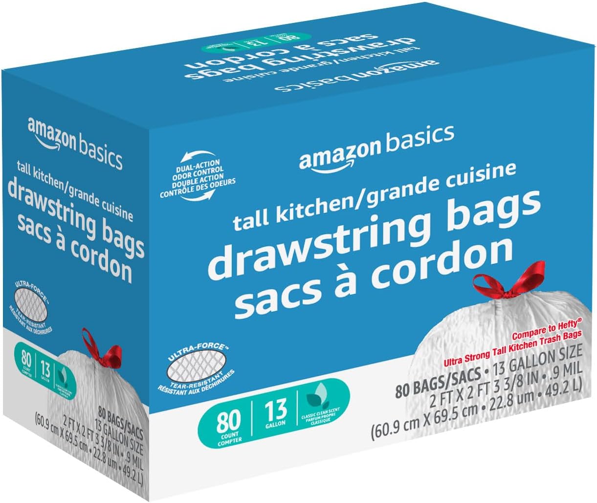 Amazon Basics Ultra-Force Tall Kitchen Drawstring Trash Bags, Classic Clean Scented, 13 Gallon, 80 Count with Odor Control