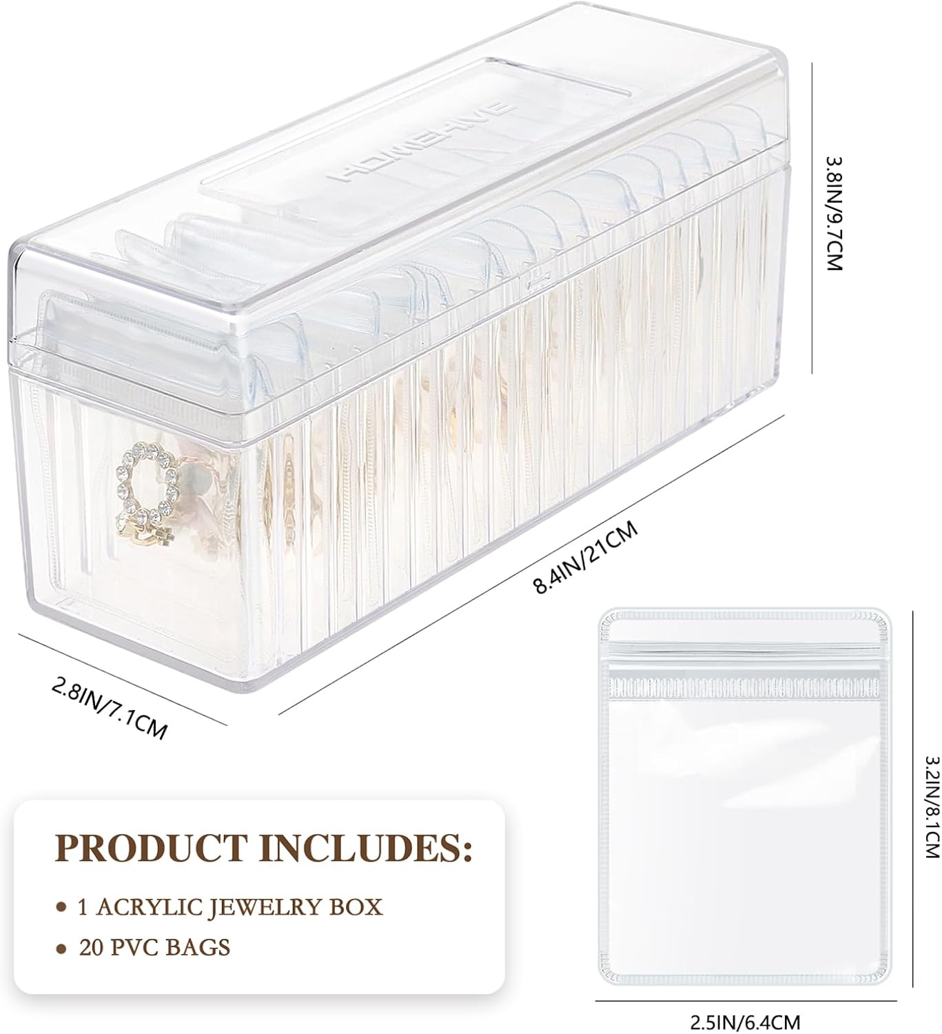 HOMEHIVE Acrylic Jewelry Box Organizer, Clear Jewelry Organizer and Storage with 20 Portable Anti Tarnish Jewelry bags, Travel Jewelry Case for Earrings/Rings/Necklaces Gifts for Women Girls, Clear
