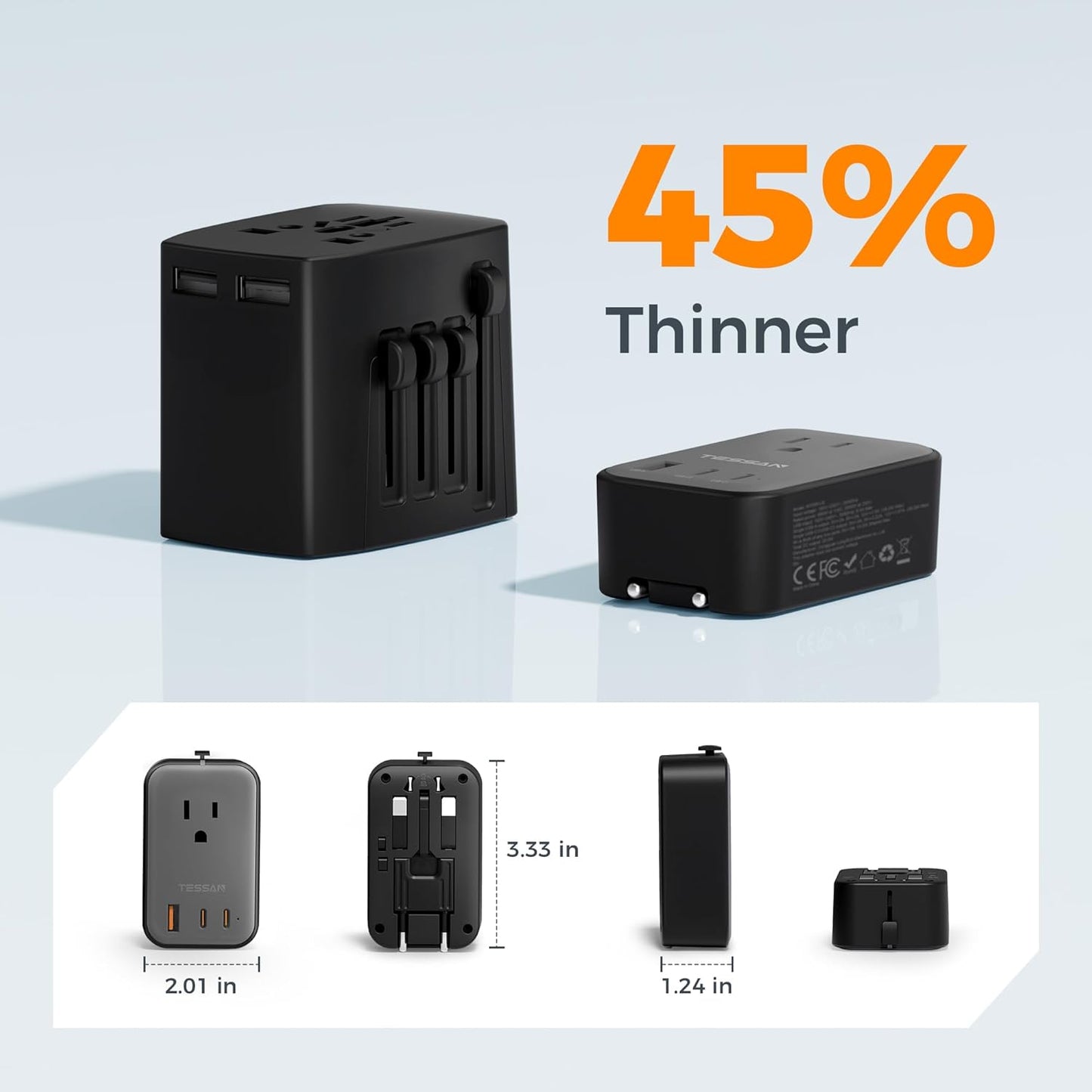 TESSAN Travel Adapter 009, PD 20W Universal Power Adapter 2 USB C 1 USB A, Ultra Thin International Plug Adaptor Worldwide Outlet for US to European UK Italy Spain New Zealand (Type C G A I), 1 Pack