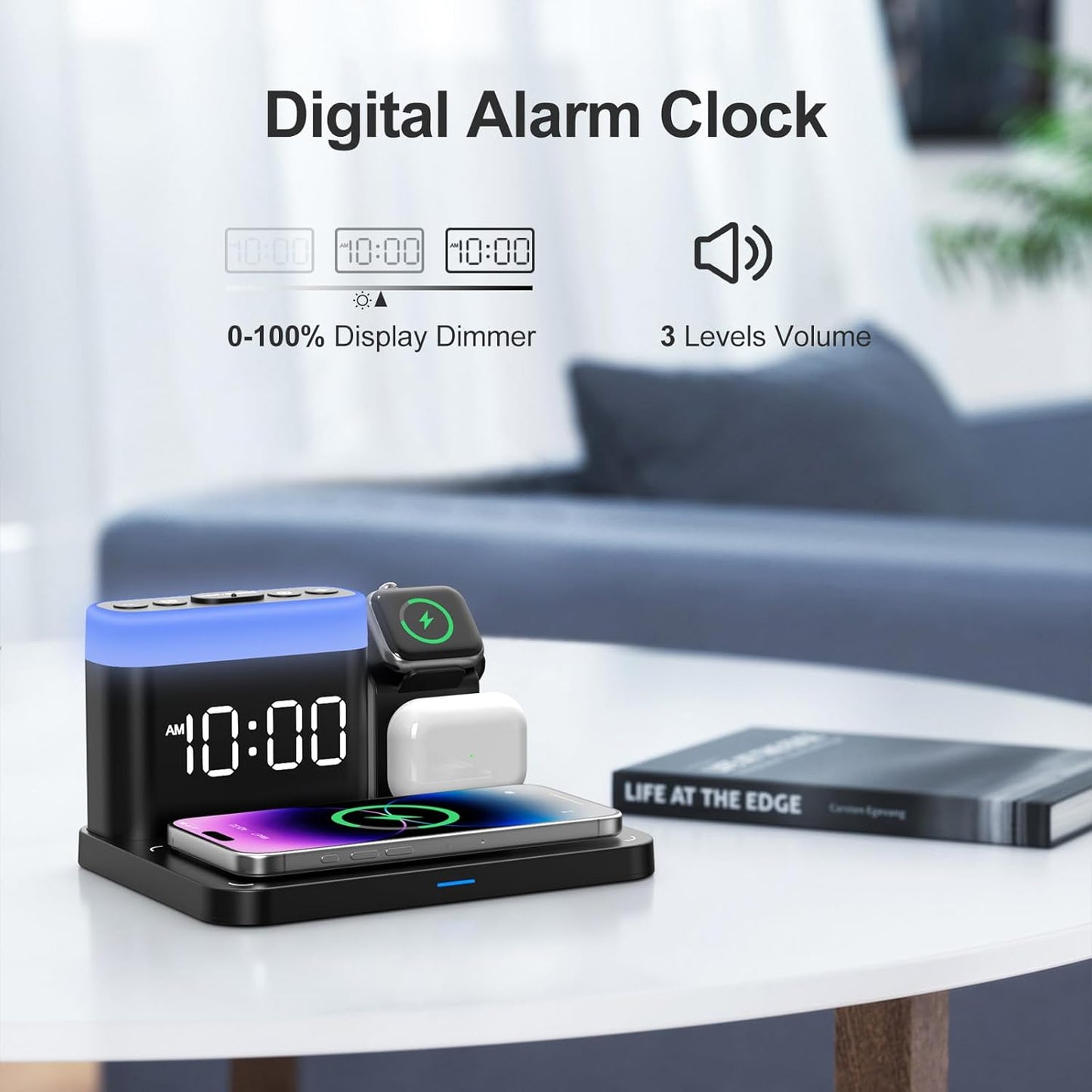 ANJANK Wireless Charging Station,5 in 1 Multiple Charger Stand with Alarm Clock,7 Night Light,Magnetic Charging Dock for iPhone 17 16 15 14 13 12 Pro Max Plus,Apple Watch 11/10/9/8,for Airpods,Bedroom