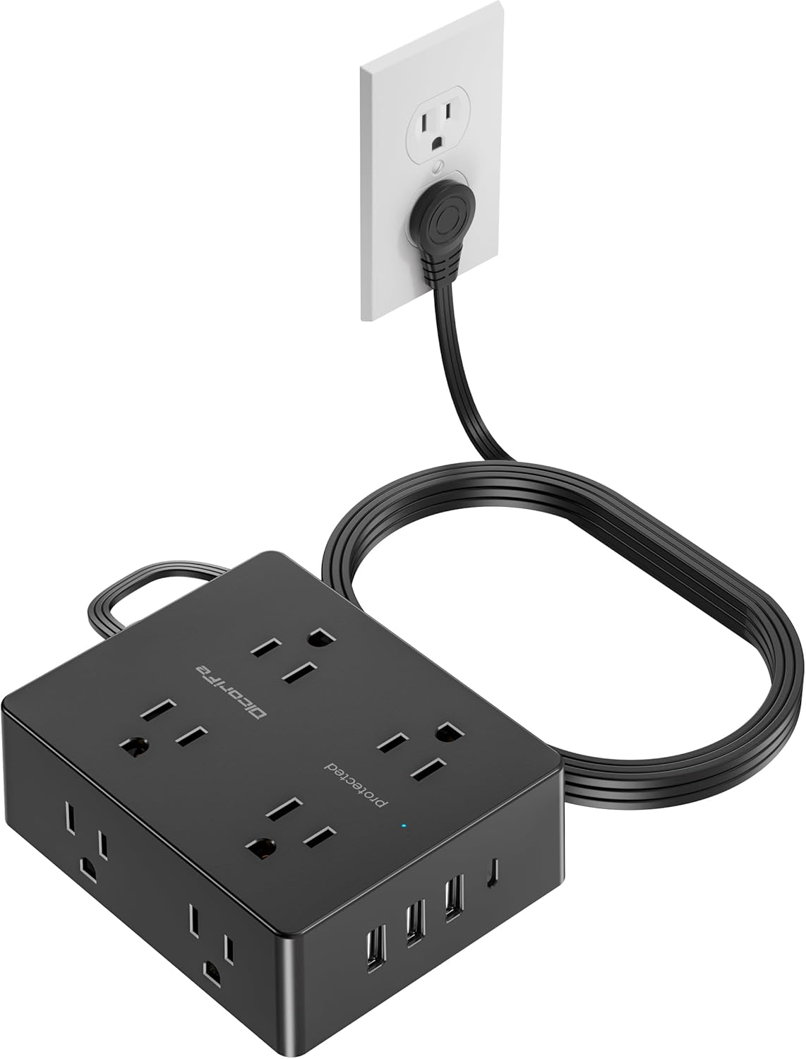 Olcorife Flat Plug Power Strip with 10 FT Extension Cord, 8 Outlets 8 USB Ports(4 USB C), 3 Sided Outlet Extender for Home Office Travel Dorm Room Essentials, White