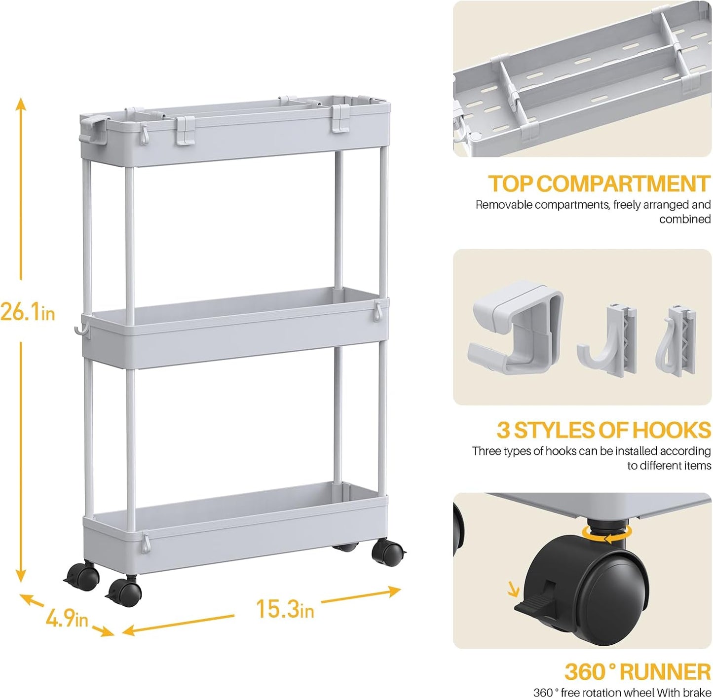 SPACELEAD Slim Storage Cart 3 Tier,Bathroom Organizer Rolling Utility,Mobile Shelving Unit Slide Out for Office, Kitchen, Laundry Room & Narrow Places,Gray