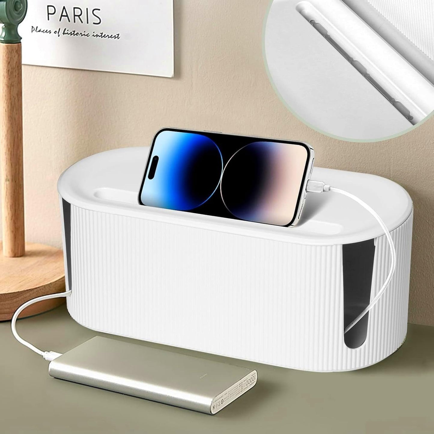 Cable Management Box,Desk Cord Organizer Box with Groove Cover,Plastic Cord Hider Box,Large Cable Box Organizer for Storaging Power Socket/TV/Computer/Router/Games Console Cable (White)