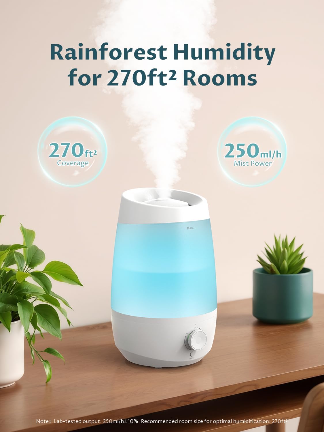 BREEZOME 2.5L Top Fill Humidifiers for Bedroom, 250ml/h Mist Output, 25hrs Humidifiers for Home, 7 Adjustable LED, Essential Oil Diffuser, 25dB Ultrasonic Humidifier for Baby and Indoor Plants, White