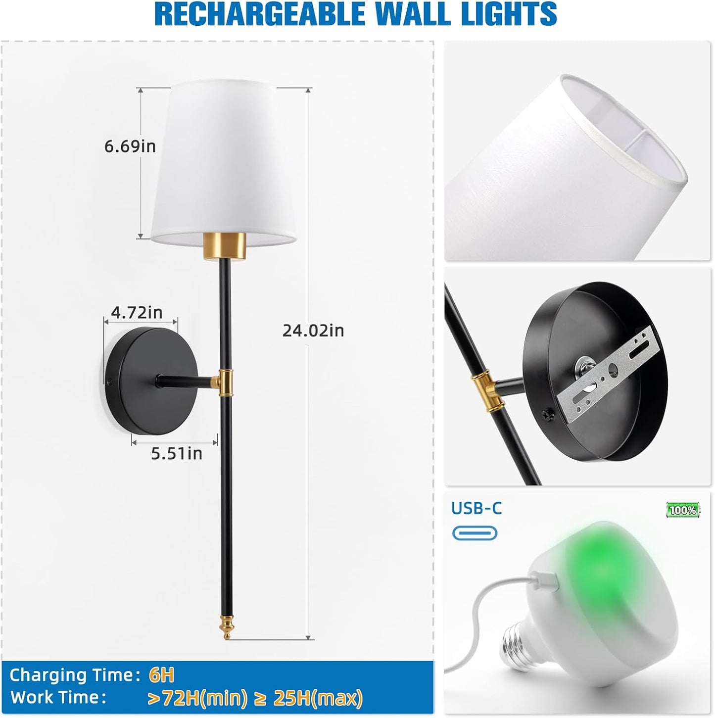 NIORSUN Battery Operated Wall Sconce Set of 2,Gold-Black Rechargeable Wall Lights with 10400mAh Dimmable Bulbs and Remote,9 Colors Wireless Wall Lamps for Bedroom Living Room Hallway Decor
