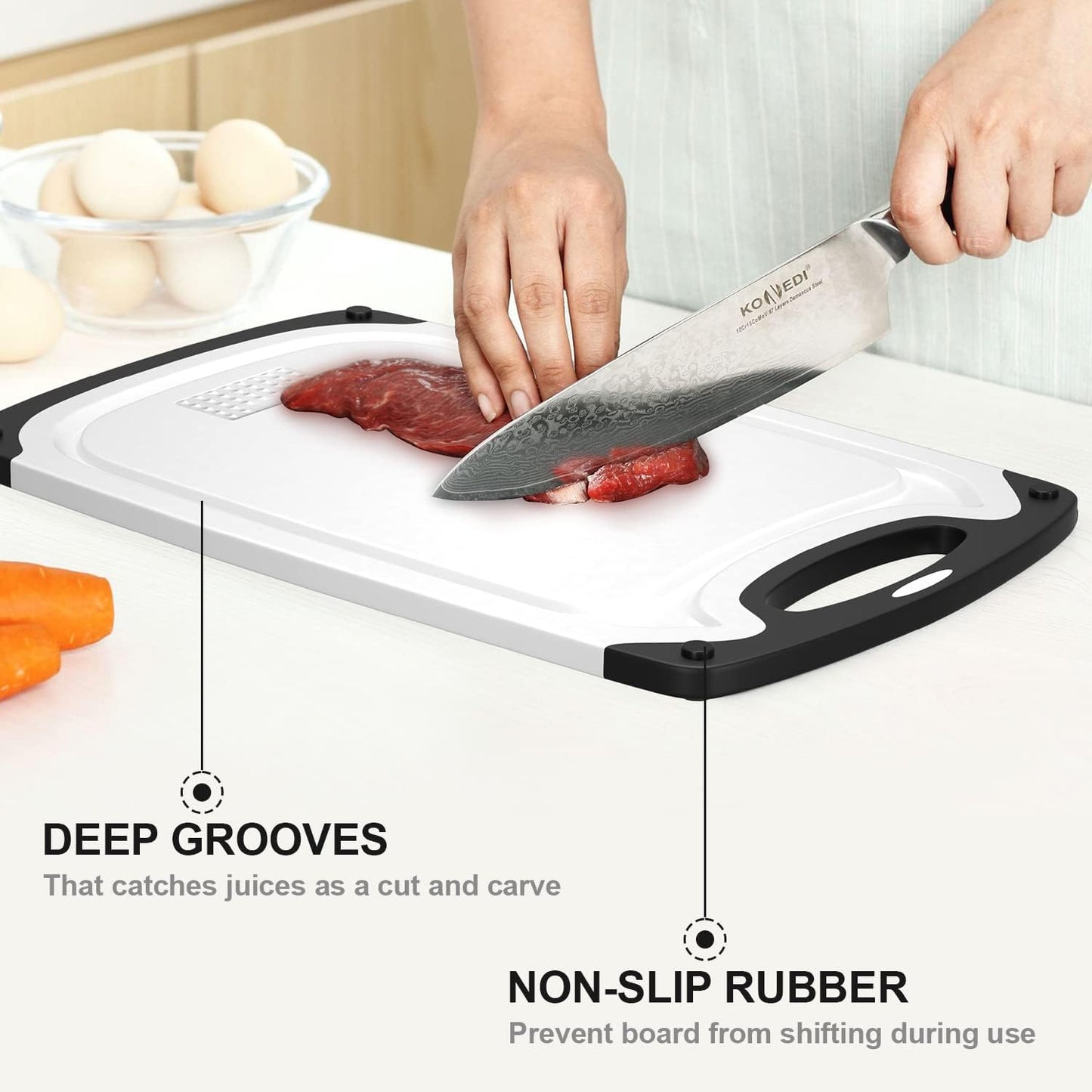 Plastic Cutting Board, 3 Pieces Dishwasher Safe Cutting Boards with Juice Grooves, Easy Grip Handle, Non-Slip, with Grinding Area for Grinding Garlic and Ginger（White）