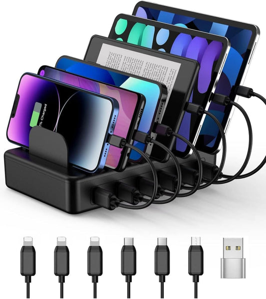 50W 6 Ports Multi Charger Station, USB Charging Dock for Multiple Devices | with 6 Cables, 1 USB-A to USB-C Adapter Converter, Compatible with Cellphone iPad Kindle Tablet and Other Electronic Devices